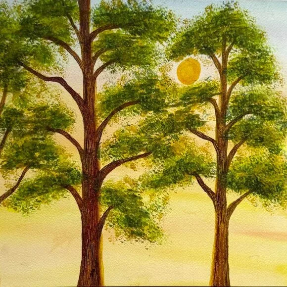 PAINTING WATERCOLOR 11X14 & WHITE MAT 16X20 TREES SUNRISE LANDSCAPE ORIGINAL ART